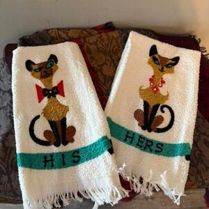 His and Hers MCM Siamese cat  hand towels with jewels